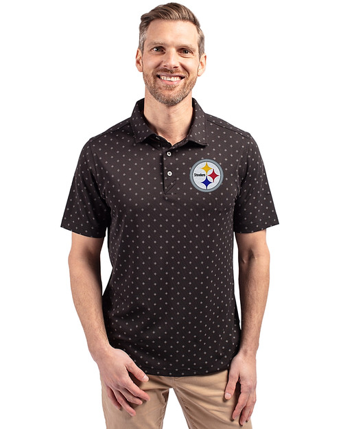 Pittsburgh Steelers Cutter & Buck Virtue Eco Pique Tile Print Recycled Mens Polo Black Front