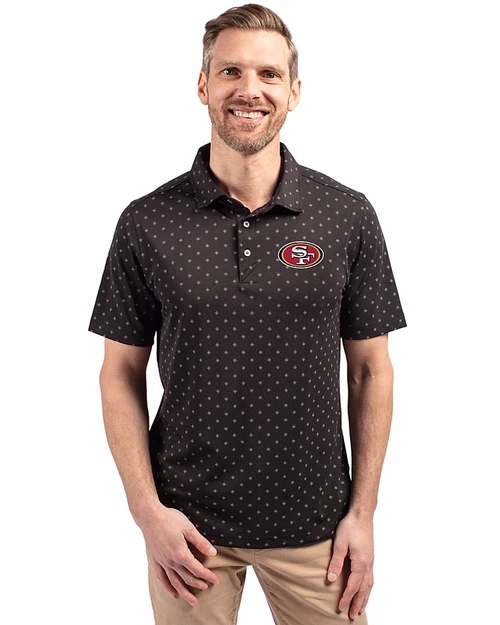 San Francisco 49ers Cutter & Buck Virtue Eco Pique Tile Print Recycled Mens Polo Black Front