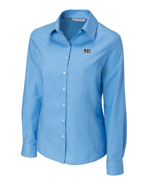 Jackson State Tigers Cutter & Buck Epic Easy Care Fine Twill Womens Long Sleeve Dress Shirt Atlas Light Blue Mannequin