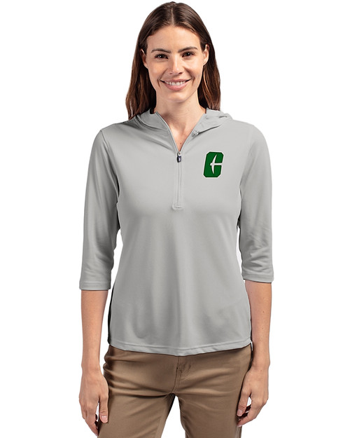 Charlotte 49ers Cutter & Buck Virtue Eco Pique Recycled Half Zip Pullover Womens Hoodie Polished Medium Gray Front