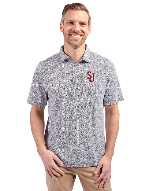 St Johns Red Storm Cutter & Buck Virtue Eco Pique Botanical Print Recycled Mens Polo Navy Blue Front