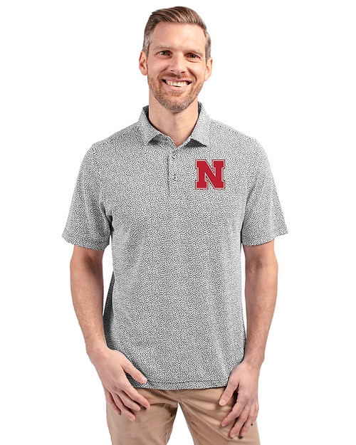 Nebraska Cornhuskers Cutter & Buck Virtue Recycled Botanical Print Featherlight Pique Mens  Polo Black Front