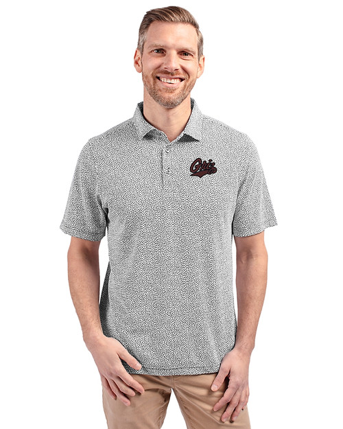 Montana Grizzlies Cutter & Buck Virtue Recycled Botanical Print Featherlight Pique Mens  Polo Black Front