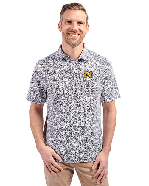 Michigan Wolverines Cutter & Buck Virtue Eco Pique Botanical Print Recycled Mens Polo Navy Blue Front