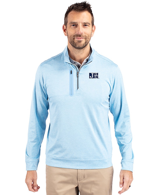 Jackson State Tigers Cutter & Buck Stealth Heathered Quarter Zip Mens Pullover Atlas Light Blue Front