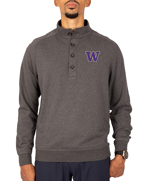 Washington Huskies Cutter & Buck Saturday Cotton Blend Mens Mock Pullover Sweatshirt Charcoal Heather Front