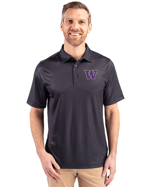 Washington Huskies Cutter & Buck Pike Double Dot Print Stretch Mens Big and Tall Polo Black Front