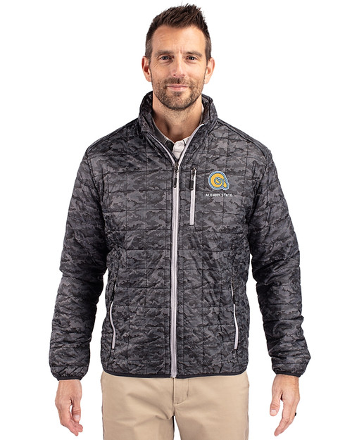 Albany State University Golden Rams Cutter & Buck Rainier PrimaLoft® Mens Eco Insulated Full Zip Printed Puffer Jacket Black Front