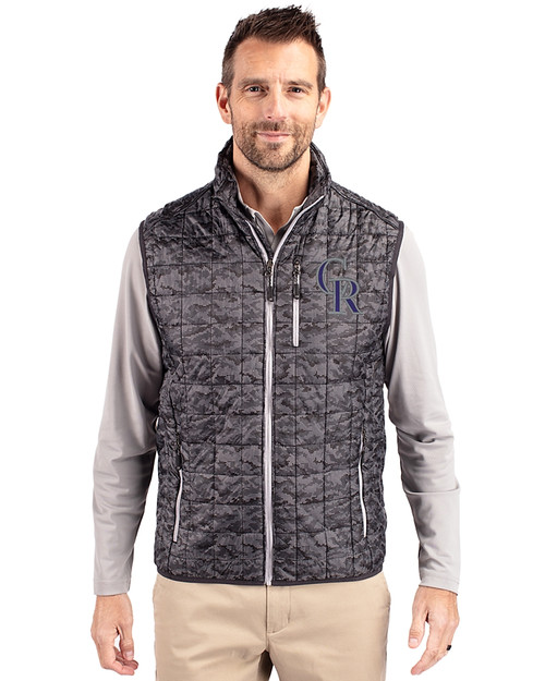 Colorado Rockies Cutter & Buck Rainier PrimaLoft® Mens Eco Insulated Full Zip Printed Puffer Vest Black Front