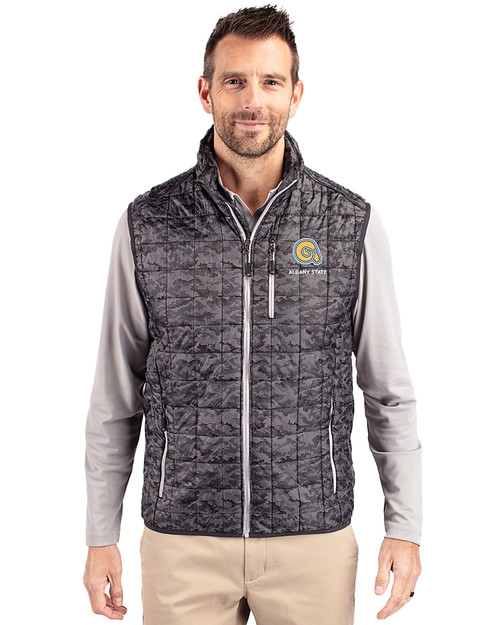 Albany State University Golden Rams Cutter & Buck Rainier PrimaLoft® Mens Eco Insulated Full Zip Printed Puffer Vest Black Front