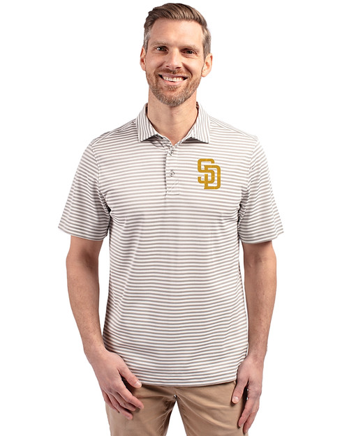 San Diego Padres Cutter & Buck Virtue Eco Pique Stripe Recycled Mens Big and Tall Polo Polished Medium Gray Front