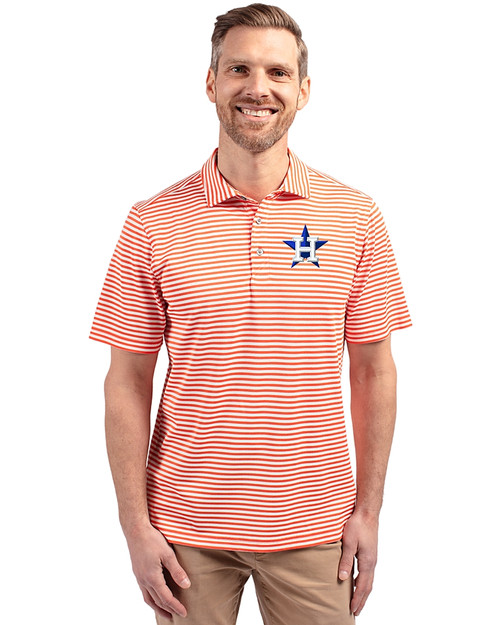 Houston Astros Cutter & Buck Virtue Eco Pique Stripe Recycled Mens Big and Tall Polo College Orange Front