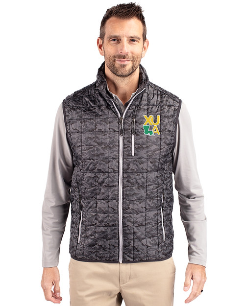 Xavier Gold Rush Cutter & Buck Rainier Recycled Insulated Printed Puffer Mens Full Zip Vest Black Front