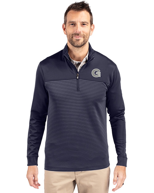 Georgetown Hoyas Cutter & Buck Traverse Recycled Smooth Stretch Mens Big & Tall Stripe Quarter Zip Pullover Liberty Navy Front