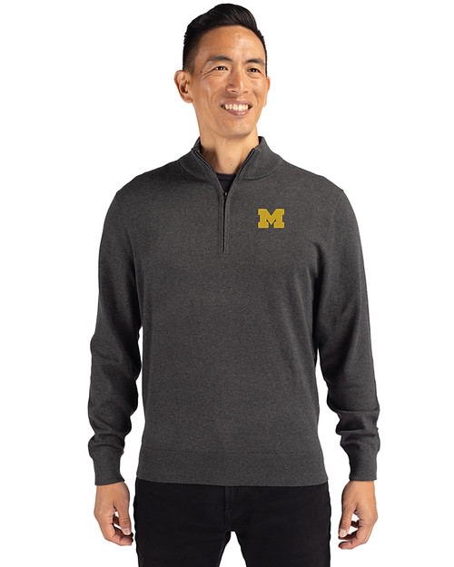 Michigan Wolverines Cutter & Buck Lakemont Tri-Blend Mens Quarter Zip Pullover Sweater Charcoal Heather Front