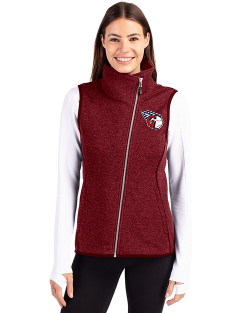 Cleveland Guardians Cutter & Buck Mainsail Sweater Knit Womens Asymmetrical Vest Cardinal Red Heather Front