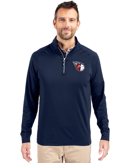 Cleveland Guardians Cutter & Buck Adapt Eco Knit Stretch Recycled Mens Big and Tall Quarter Zip Pullover Navy Blue Front