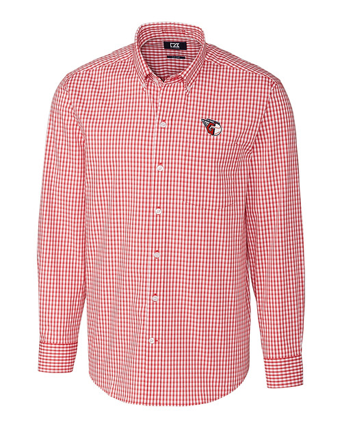 Cleveland Guardians Cutter & Buck Easy Care Stretch Gingham Mens Big and Tall Long Sleeve Dress Shirt Cardinal Red Mannequin