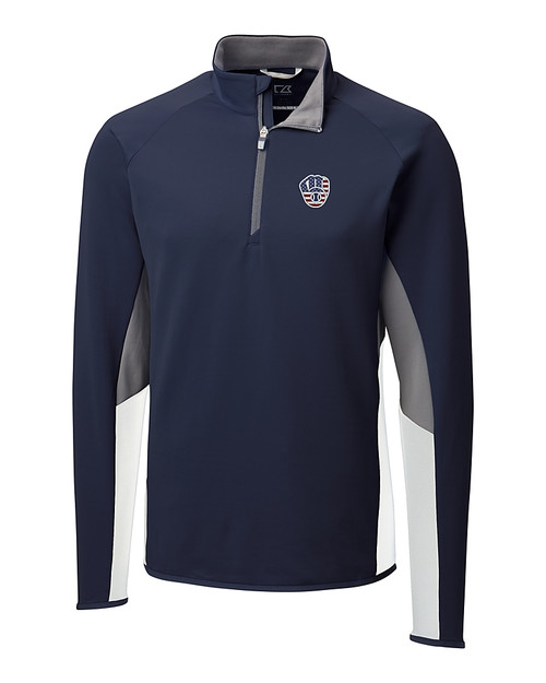 Milwaukee Brewers Stars & Stripes Cutter & Buck Traverse Colorblock Stretch Quarter Zip Mens Pullover Liberty Navy Mannequin