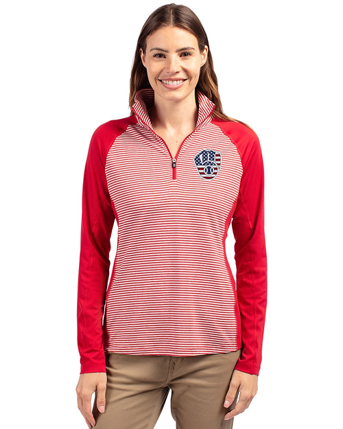 Milwaukee Brewers Stars & Stripes Cutter & Buck Forge Tonal Stripe Stretch Half Zip Womens Top Cardinal Red Front