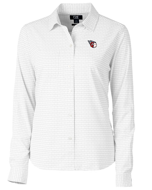 Cleveland Guardians Cutter & Buck Versatech Tattersall Stretch Womens Long Sleeve Dress Shirt Charcoal Mannequin