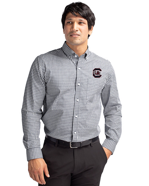 South Carolina Gamecocks Cutter & Buck Easy Care Stretch Gingham Mens Long Sleeve Dress Shirt Charcoal Front