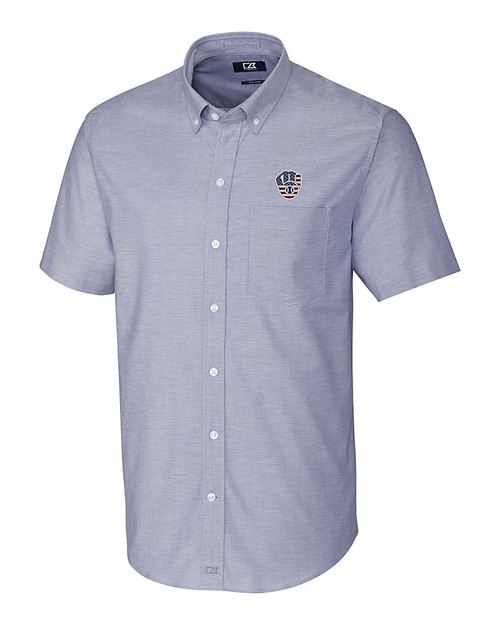 Milwaukee Brewers Stars & Stripes Cutter & Buck Stretch Oxford Mens Big and Tall Short Sleeve Dress Shirt Light Blue Mannequin