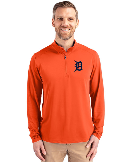 Detroit Tigers Cutter & Buck Virtue Eco Pique Recycled Quarter Zip Mens Pullover College Orange Front