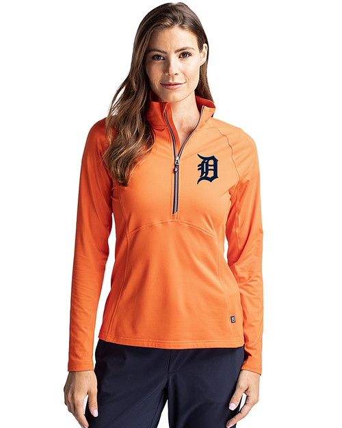 Detroit Tigers Cutter & Buck Adapt Eco Knit Stretch Recycled Womens Half Zip Pullover College Orange Front