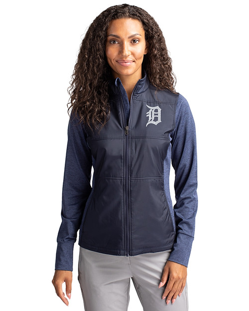 Detroit Tigers Cutter & Buck Stealth Hybrid Quilted Womens Full Zip Windbreaker Jacket Liberty Navy Front