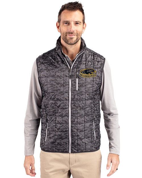 Wisconsin-Milwaukee Panthers Cutter & Buck Rainier PrimaLoft® Mens Eco Insulated Full Zip Printed Puffer Vest Black Front