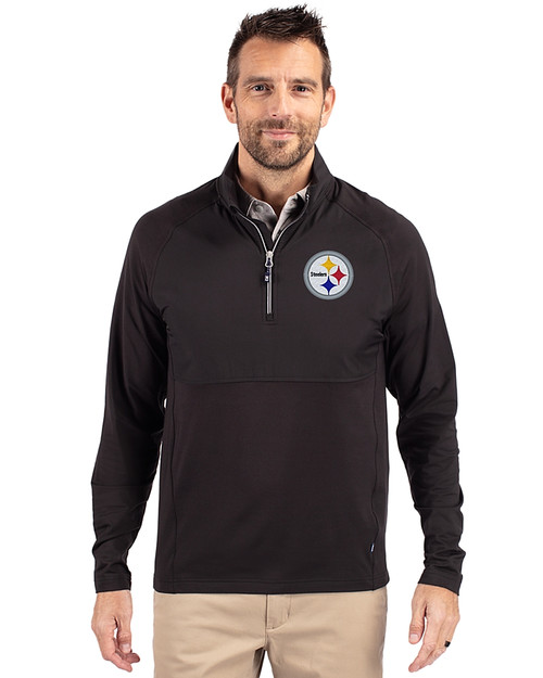 Pittsburgh Steelers Cutter & Buck Adapt Eco Knit Hybrid Recycled Mens Quarter Zip Black Front