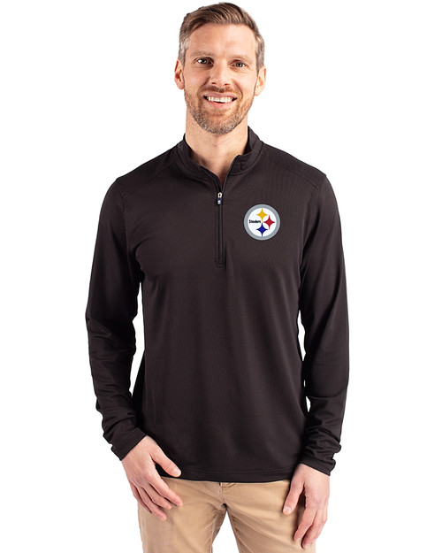 Pittsburgh Steelers Cutter & Buck Virtue Recycled Featherlight Pique Mens Big & Tall Quarter Zip Pullover Black Front