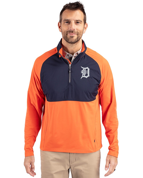 Detroit Tigers Cutter & Buck Adapt Eco Knit Hybrid Recycled Mens Quarter Zip College Orange/Navy Blue Front