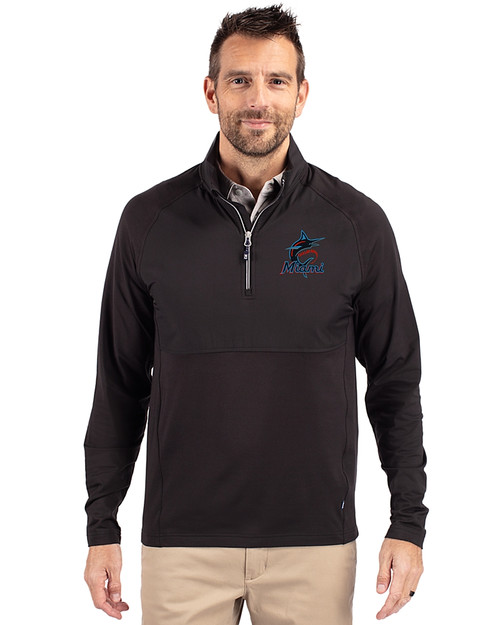 Miami Marlins Cutter & Buck Adapt Eco Knit Hybrid Recycled Mens Quarter Zip Black Front