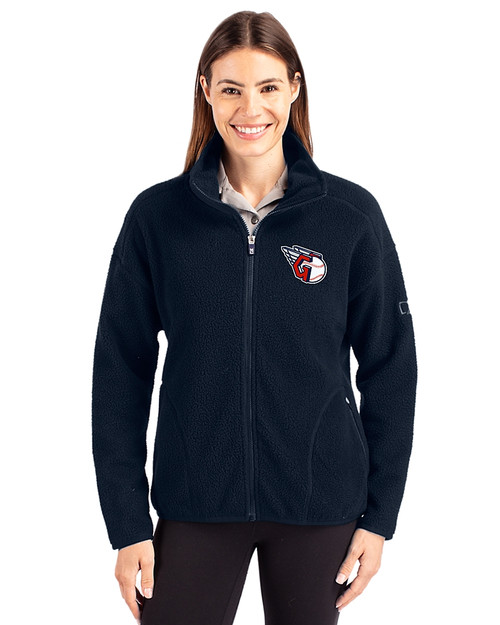 Cleveland Guardians Cutter & Buck Cascade Epic Comfort Recycled Sherpa Fleece Womens Full Zip Jacket Navy Blue Front