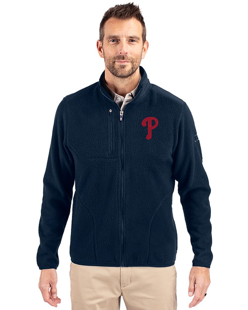 Philadelphia Phillies Cutter & Buck Cascade Eco Fleece Mens Full Zip Jacket Navy Blue Front