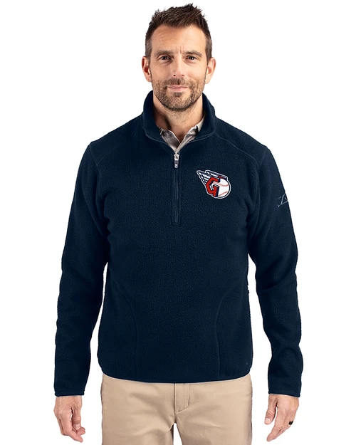 Cleveland Guardians Cutter & Buck Cascade Epic Comfort Recycled Sherpa Fleece Mens Big & Tall Quarter Zip Jacket Navy Blue Front