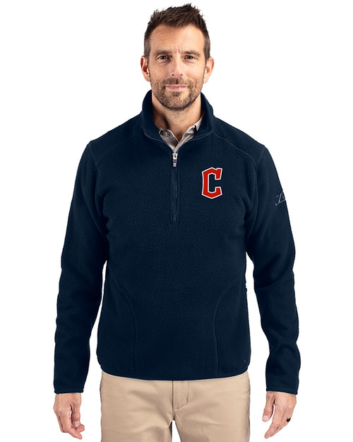 Cleveland Guardians - Cutter & Buck Cascade Eco Sherpa Fleece Mens Big & Tall Quarter Zip Jacket Navy Blue Front