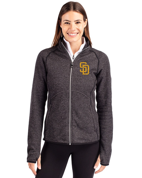 San Diego Padres Cutter & Buck Mainsail Sweater-Knit Womens Full Zip Jacket Charcoal Heather Front