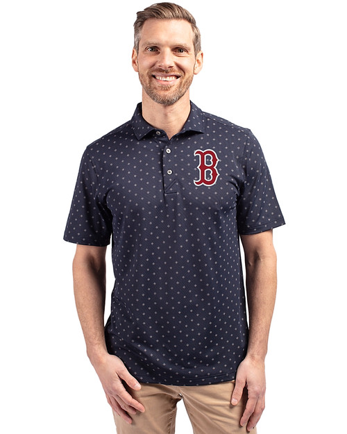 Boston Red Sox Cutter & Buck Virtue Eco Pique Tile Print Recycled Mens Big & Tall Polo Navy Blue Front