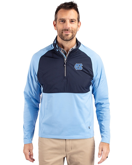 North Carolina Tar Heels Cutter & Buck Adapt Eco Knit Hybrid Recycled Mens Quarter Zip Atlas/Navy Blue Front