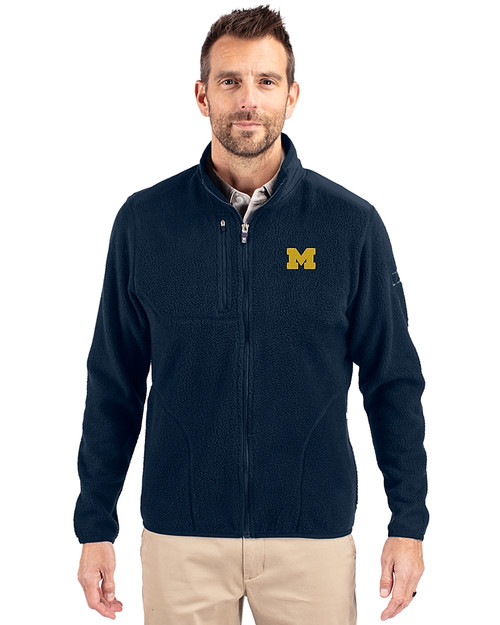 Michigan Wolverines Cutter & Buck Cascade Epic Comfort Recycled Sherpa Fleece Mens Full Zip Jacket Navy Blue Front