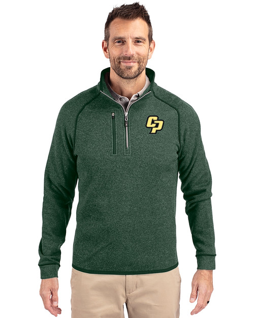 Cal Poly Mustangs Cutter & Buck Mainsail Sweater-Knit Mens Big and Tall Half Zip Pullover Jacket Hunter Heather Front