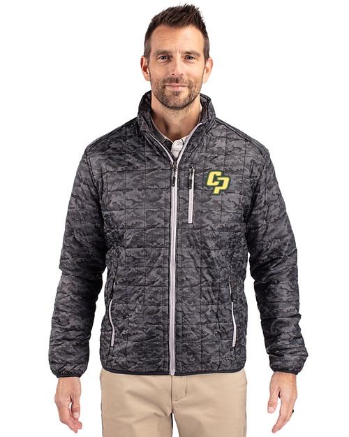 Cal Poly Mustangs Cutter & Buck Rainier PrimaLoft® Mens Eco Insulated Full Zip Printed Puffer Jacket Black Front