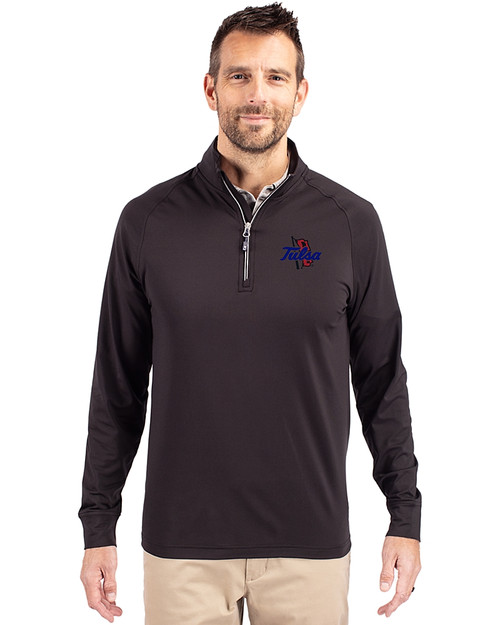 Tulsa Golden Hurricane Cutter & Buck Adapt Eco Knit Stretch Recycled Mens Big and Tall Quarter Zip Pullover Black Front