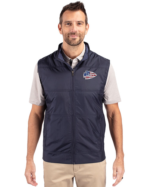 Kansas City Chiefs Americana Cutter & Buck Stealth Hybrid Quilted Mens Windbreaker Vest Liberty Navy Front