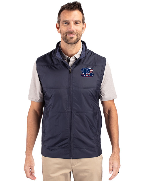 Cincinnati Bengals Americana Cutter & Buck Stealth Hybrid Quilted Mens Windbreaker Vest Liberty Navy Front
