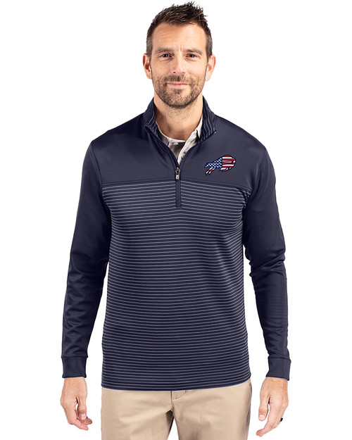 Buffalo Bills Americana Cutter & Buck Traverse Stretch Eco Stripe Quarter Zip Mens Pullover Liberty Navy Front