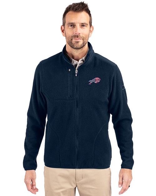 Buffalo Bills Americana Cutter & Buck Cascade Epic Comfort Recycled Sherpa Fleece Mens Big & Tall Full Zip Jacket Navy Blue Front